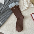 Brown ribbed mid-calf socks with blue cuffs and decorative white button detail - Coffee