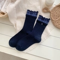 Chaussettes en tricot bleu marine avec bordure à carreaux et détail fleur violette - Taille unique / Bleu clair