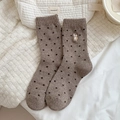 Brown wool crew socks with polka dots and cute llama embroidery for winter warmth - Brown