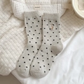 Cozy oatmeal wool blend mid-calf socks with polka dots and cute deer embroidery - One Size / Off-white