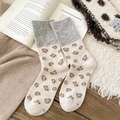 Grey and beige vintage leopard print crew socks for women in warm autumn winter style - One Size / Off-white
