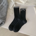 Calze spesse in misto lana nero e grigio per donna con fiocco a quadretti decorativo - Nero