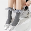 Detail of grey ruffled mesh lace trim on elegant balletcore style mid-calf socks - One Size / Gray