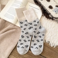 Vintage leopard pattern crew socks in light grey knit with beige ribbed cuffs for winter - One Size / Light Gray