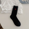 Thick black wool knit socks with diamond patterns and decorative 3D red flowers - One Size / Black