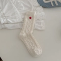 White wool blend thick knit socks featuring red floral accents and diamond texture - One Size / Creamy White