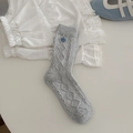 Grey wool-blend knit crew socks with argyle pattern and a blue decorative button - One Size / Light Gray