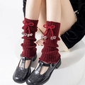 Jambières tricotées rouge foncé avec nœuds et pompons à carreaux et chaussures Mary Jane - Taille unique / Nœud à Carreaux