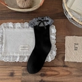 Black cotton crew socks with gingham ruffle trim and decorative ribbon bow detail - One Size / Black