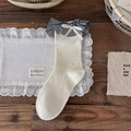 Cream white mid-calf socks with gingham ruffle trim and white satin bow detailing - One Size / Beige