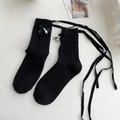 Calze nere stile Lolita con lacci incrociati fiocchi di nastro e perle eleganti - Taglia unica / Nero