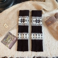 Winter thermal knit leg warmers in dark brown with Nordic snowflake patterns - Coffee