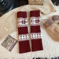 Winter leg warmers in deep red and cream with snowflake patterns and knit texture - Burgundy