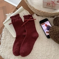 Chaussettes épaisses en laine bordeaux avec nœud en velours et bord festonné hiver - Style Nœud en Velours Bordeaux
