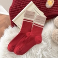 Calze rosse in maglia con righe su tappeto di peluche per il calore invernale - Taglia unica / Polsino Cachi Doppia Riga (Rosso)
