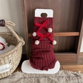 Burgundy ballet core knit leg warmers with velvet bows and white fuzzy pom-poms - Pom-pom Bow