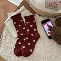 Chaussettes vintage en laine bordeaux à pois blancs avec bordure roulée délicate - Style Grands Pois Bordeaux