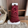 Dark red ballet style leg warmers with knitted bows and ribbed texture finish - Thick Rope Bow