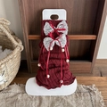 Burgundy knitted leg warmers with lace bows and white pom-poms for ballet style - Ribbon Bowknot