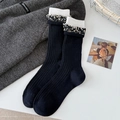 Retro black wool mid-tube socks with white floral lace cuffs and vertical knit pattern - Navy Blue