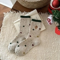 Calze di lana beige con pois colorati, ricamo di pan di zenzero e polsino verde a coste - Pois (Ricamo Omino di Pan di Zenzero)