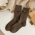 Dunkelbraune gerippte Wadenstrümpfe mit Leoparden-Schleifen-Detail für Damen im Winter - Einheitsgröße / Dunkelkaffee