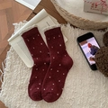 Burgundy wool socks with white dot pattern and cream ruffle cuff for winter - One Size / Fine Dots