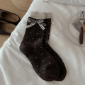 Dunkelbraune Wollsocken mit Vintage-Spitzenschleife und farbiger Noppengarn-Struktur - Einheitsgröße / Kaffeebraune Basis Schleife (SS25284)