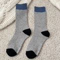 Grey wool blend crew socks with blue ribbed cuffs and black heel details - One Size / Light Gray