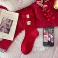 Red festive crew socks with cute puppy patch and white bow lace for winter warmth - Red Cloth Tag Embroidery Style
