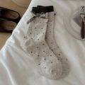 Retro beige wool socks with black ribbed cuffs and a stylish plaid bow decoration - One Size / Beige with Blue Bow
