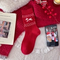 Red wool socks featuring a cartoon dog pattern and elegant white lace trim - Bow Puppy Embroidery Style