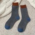 Grey wool-blend socks with vintage contrast colors in blue and caramel brown - One Size / Dark Gray