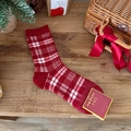 Classic red and white checkered crew socks on rustic wood with holiday decorations - Plaid