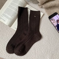 Dark brown wool blend crew socks with ribbed texture and silver puppy metal charm - One Size / Coffee