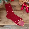 Rote Retro-Stricksocken mit Blumenstickerei und Rüschensaum für festliche Wärme - Rot Blumig