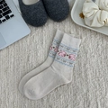 Beige mid-calf socks with pink rabbit and blue bow jacquard patterns in sweet style - White (Pink Rabbit Pattern)