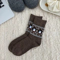 Dark brown knitted mid-tube socks featuring winter penguin and snowflake patterns - Coffee (Penguin Snowflake Pattern)