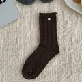 Dark brown ribbed mid-calf socks with ruffle trim and silver metal buckle detail - One Size / Dark Coffee