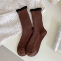 Thick knit crew socks in brown with black contrast cuffs, warm winter thermal style - One Size / Dark Coffee