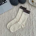 Calze a metà polpaccio in cotone beige con bottone e polsini a righe da donna - Taglia unica / Bianco Sporco con Bottone e Riga