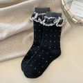 Retro black polka dot mid-calf wool socks featuring grey ruffled lace trim - Black
