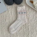Chaussettes tricotées beige avec motifs nœuds rose bleu et bords festonnés pour femme - Blanc Cassé