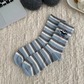 Calze a righe blu e bianche con ricamo a pinguino e bordi con volant in cotone morbido - Taglia unica / Righe Blu e Bianche Pinguino