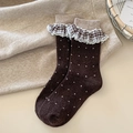 Dark brown polka dot wool socks with retro plaid lace trim for women in autumn - Brown