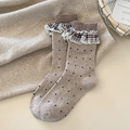 Japanese style beige wool crew socks with black polka dots and lace trim ruffle - One Size / Khaki