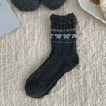 Dark gray wool socks with light blue bow jacquard and sweet ribbed knit texture - One Size / Dark Gray
