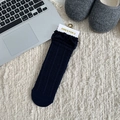 Dark blue knit crew socks featuring elegant lace trim and classic cable pattern - Navy Blue