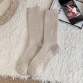 Minimalist oatmeal ribbed knit crew socks with vertical texture for women in winter - One Size / Light Khaki