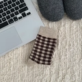 Mid-calf checkered socks in brown and beige patterns on soft white plush rug - Light Coffee Red Grid